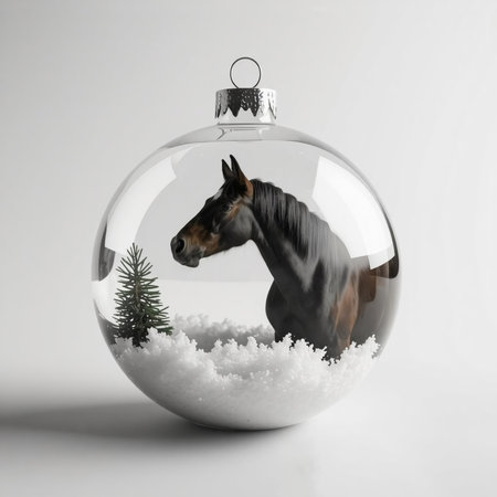 Christmas ball with a black horse and a Christmas tree on a white backgroundの素材