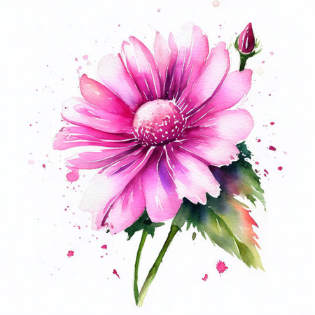 Watercolor illustration of a pink daisy flower on a white backgroundの素材