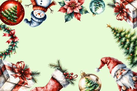 Christmas background with Santa Claus, snowman, mistletoe, poinsettia, gift box and snowman. Watercolor illustrationの素材