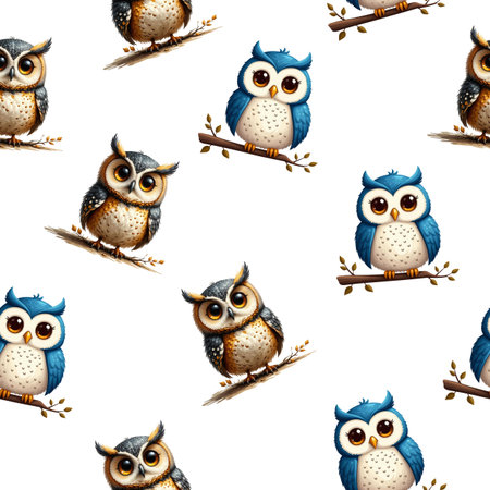 Seamless pattern with cute owls and branches on white backgroundの素材