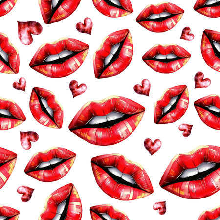 Seamless pattern with red lips and hearts. Vector illustration.の素材