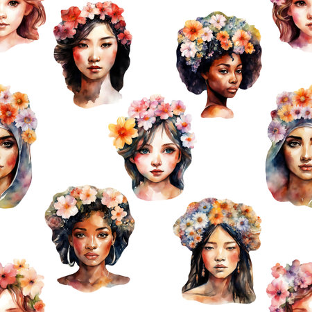 Seamless pattern with beautiful multiethnic women with flowers.の素材