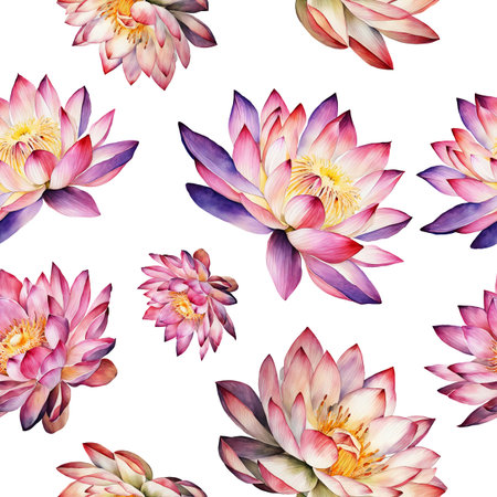 Seamless pattern with watercolor lotus flowers. Hand painted illustration.の素材