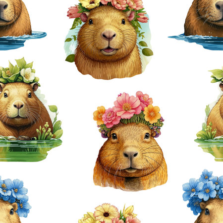 Seamless pattern with cute beaver in wreath of flowers. Watercolor illustration.の素材