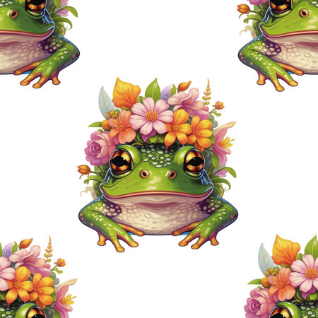 Seamless pattern with cute frogs and flowers on white background illustrationの素材