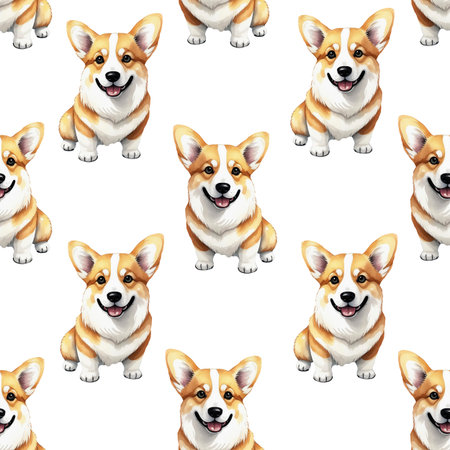 Seamless pattern with Welsh Corgi dog on white backgroundの素材