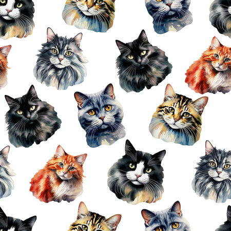Seamless pattern with cats on white background. Watercolor illustration.の素材