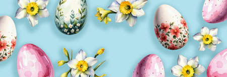 Easter eggs and daffodils. Seamless pattern.の素材