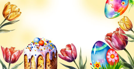 Easter background with eggs, tulips and cake. Vector illustration.の素材