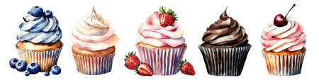 Cupcakes with cream and berries. Watercolor hand drawn illustrationの素材
