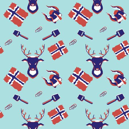 Pattern with Norwegian flag, deer, cheese cut and paper clipのeditorial素材