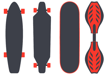 Skateboard types, set. Different skateboards in the same colours. Vector illustration in flat style, isolated on white.のイラスト素材