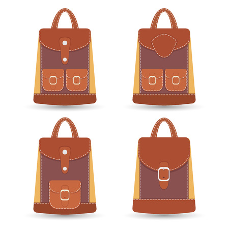 Collection of stylish colorful leather backpacks with pockets and white stitching. Vector illustration.のイラスト素材
