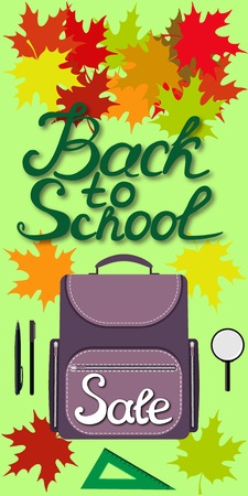 Banner back to school sale. Set of School supplies with Sale hand drawn lettering. Pen, pencil, magnifier. Vector illustrationのイラスト素材