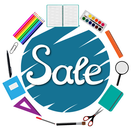 Sale Back to school design. Set of School supplies with Sale hand drawn lettering. Line, polygon, scissor, notebook, pen, pencil, eraser, brush, clip Vector illustrationのイラスト素材