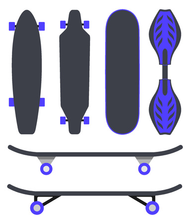 Different skateboards in the same colors, top view, and side view vector illustration in flat style, isolated on whiteのイラスト素材