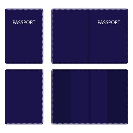 Dark blue leather passport cover, open and closed, with white stitching along the contour. Vector illustrationのイラスト素材