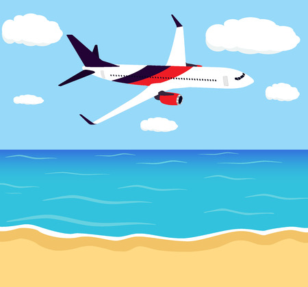 Big passenger airplane in half-profile, flying in the sky above the seashore. Travel, tourism, summer vacation background, poster. Vector illustrationのイラスト素材