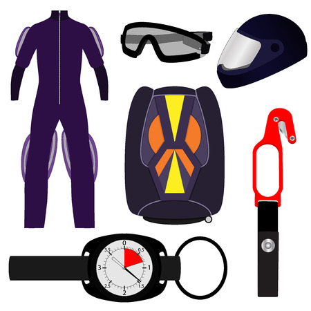 Equipment for skydiving, set. Rig, Altimeter, Hook knife, helmet jumpsuit goggles Vector illustration isolatedのイラスト素材