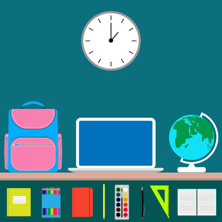 Back to school design. The workplace of a school student with a laptop, globe, school backpack, school supplies and a clock on the wall. Vector illustrationのイラスト素材