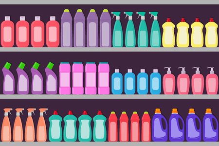 Supermarket shelves with cosmetic, detergent, hair care products . Vector illustrationのイラスト素材