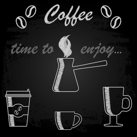 Coffee cezve, coffee cups and glasses, chalk on black Boardのイラスト素材