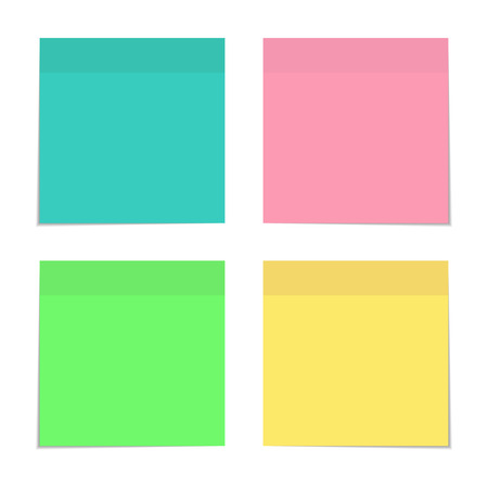 Four sticky notes various colors, set. Color sheets of note papers. Vector illustrationのイラスト素材