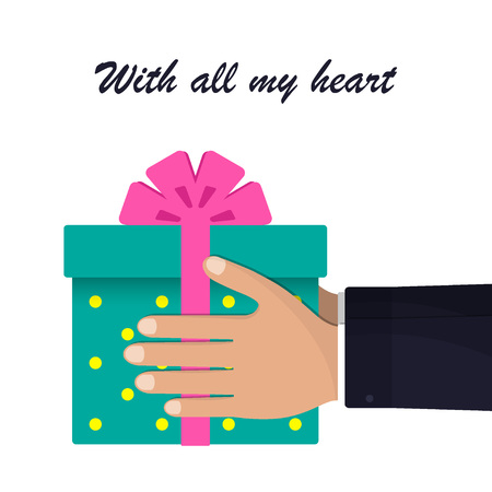 Beautiful gift box with ribbons and a bow in the hands of men. Businessman holding a gift. The inscription with all my heart. Vector illustration in flat style.のイラスト素材