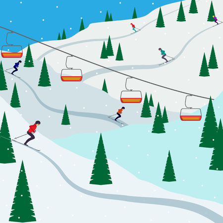 Ski resort snow mountain landscape, skiers on slopes, ski lifts. Winter landscape with ski slope covered with snow, trees and mountains on background. Cartoon flat vector illustration.のイラスト素材
