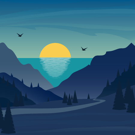 Sunrise under the sea in mountains, trees and road. Beautiful landscape in flat style. Traveling vector illustration. Vacation and outdoor recreation conceptのイラスト素材