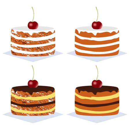 Delicious cakes with cream, chocolate and cherry. Cake set. Vector illustrationのイラスト素材