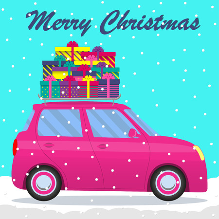 Cute cartoon car carries many gifts for Christmas and New Year s Eve. Merry Christmas vector greeting cardのイラスト素材