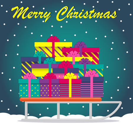 Christmas gifts on sled, lettering Merry Christmas. Cute sledge with gifts on snow. Vector illustrationのイラスト素材