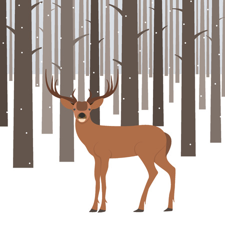 Deer standing in winter forest. Vector illustrationのイラスト素材