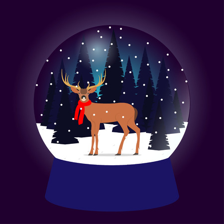 Snow gobe, traditional Christmas gift. Christmas souvenir, glass ball with trees and cute deer in red scarf. Vector illustration.のイラスト素材