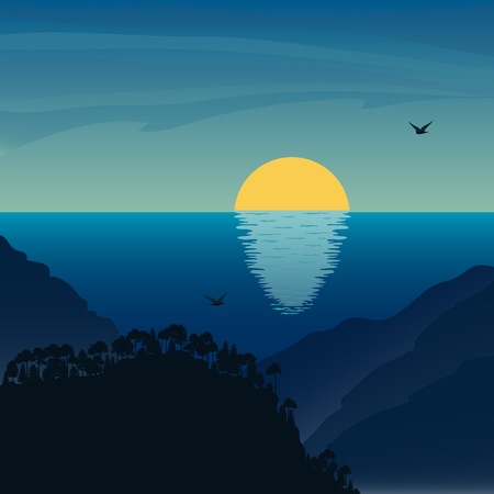 Sunrise under the sea in mountains. Beautiful landscape in flat style. Mountaineering and traveling vector illustration. Vacation and outdoor recreation concept.のイラスト素材