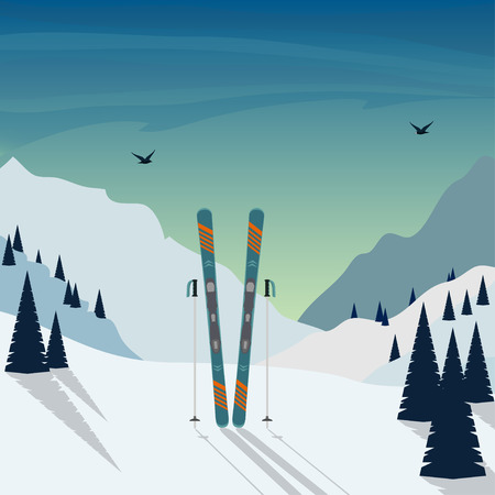 Winter skiing holiday in mountains. Snowy mountain landscape with skis and ski poles standing in snow in the foreground. Vector illustrationのイラスト素材