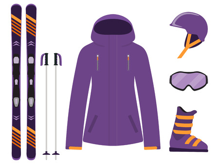Skiing equipment, set. Skis, ski poles, helmet, glasses, boots, jacket winter equipment icons. Vector illustration in flat styleのイラスト素材