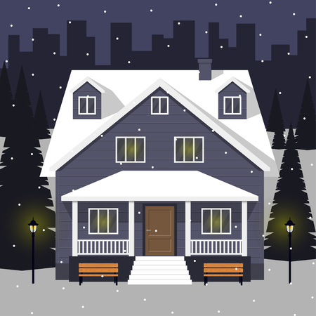 Classic cottage house at winter night. Private house in the snow and city on background. Vector illustration, flat style.のイラスト素材