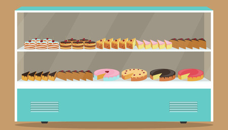 Refrigerator with shelves and cakes on it. Various pastries and cakes in showcase refrigerator. Vector illustrationのイラスト素材