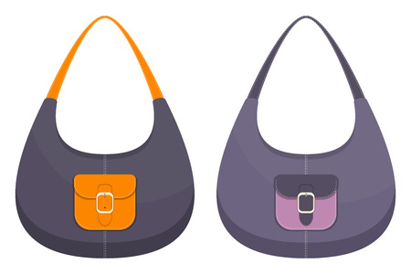 Collection of two stylish colorful leather handbags with pockets and white stitching. Woman bag. Ladies handbags isolated on white background. Vector illustrationのイラスト素材