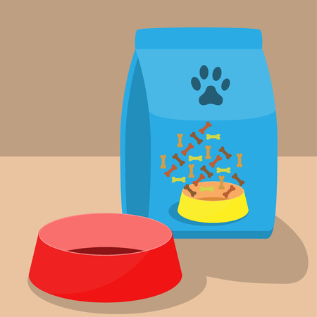 Pet bowl, food. Pet care accessory, set. Flat style vector illustration isolated.のイラスト素材