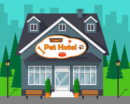 Cute cartoon building of Pet Hotel for dogs and cats. Vector flat illustration.のイラスト素材