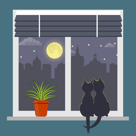 Silhouettes of two cats sitting on a windowsill under the light of the moon. Night city outside the window. Blinds on window and room plant in pot on the windowsill vector illustration.のイラスト素材