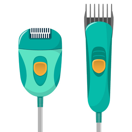 Modern electric epilator for gentle removal of unwanted body hair and electric hair clipper. Flat vector illustration, isolated on white background.のイラスト素材