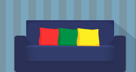 Modern sofa with colorful pillows. Cozy couch flat vector illustration.のイラスト素材