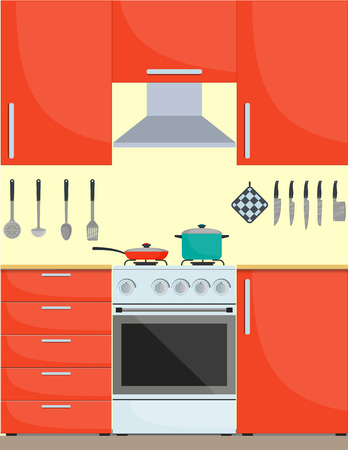 Modern stylish kitchen interior. Kitchen utensils and appliances, furniture, gas stove. Pan and frying pan on the stove.のイラスト素材
