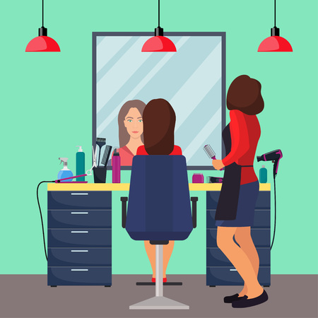 Hairdresser and woman client in beauty hairdressing salon. Flat style vector illustrationのイラスト素材