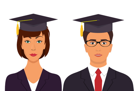 Students graduation avatars. Man and woman in graduation caps. Vector illustration in flat styleのイラスト素材