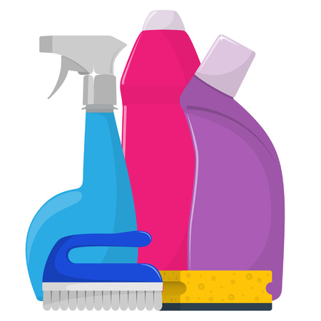 The bottles of detergent, washing powder, detergent powder, bottle of spray, cleaning sponge, cleaning brush. Cleaning services concept. Flat style, vector illustration.のイラスト素材